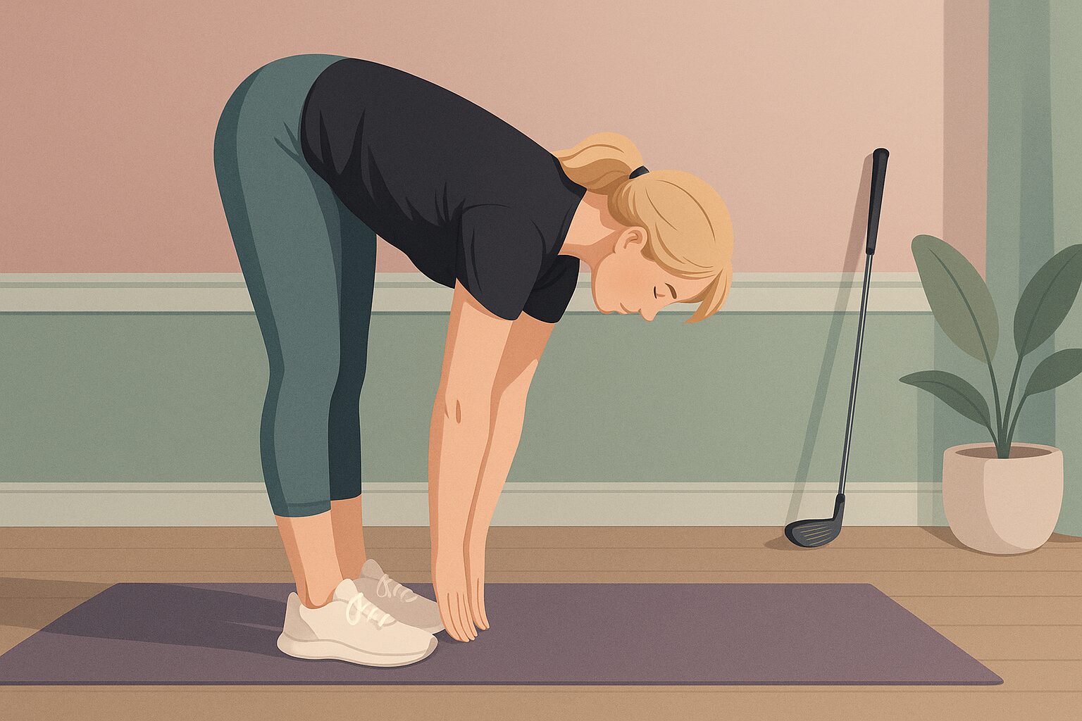 Illustration of a blonde woman stretching on a yoga mat with a golf bag in the background, representing a home-based mobility routine designed to support golf performance.