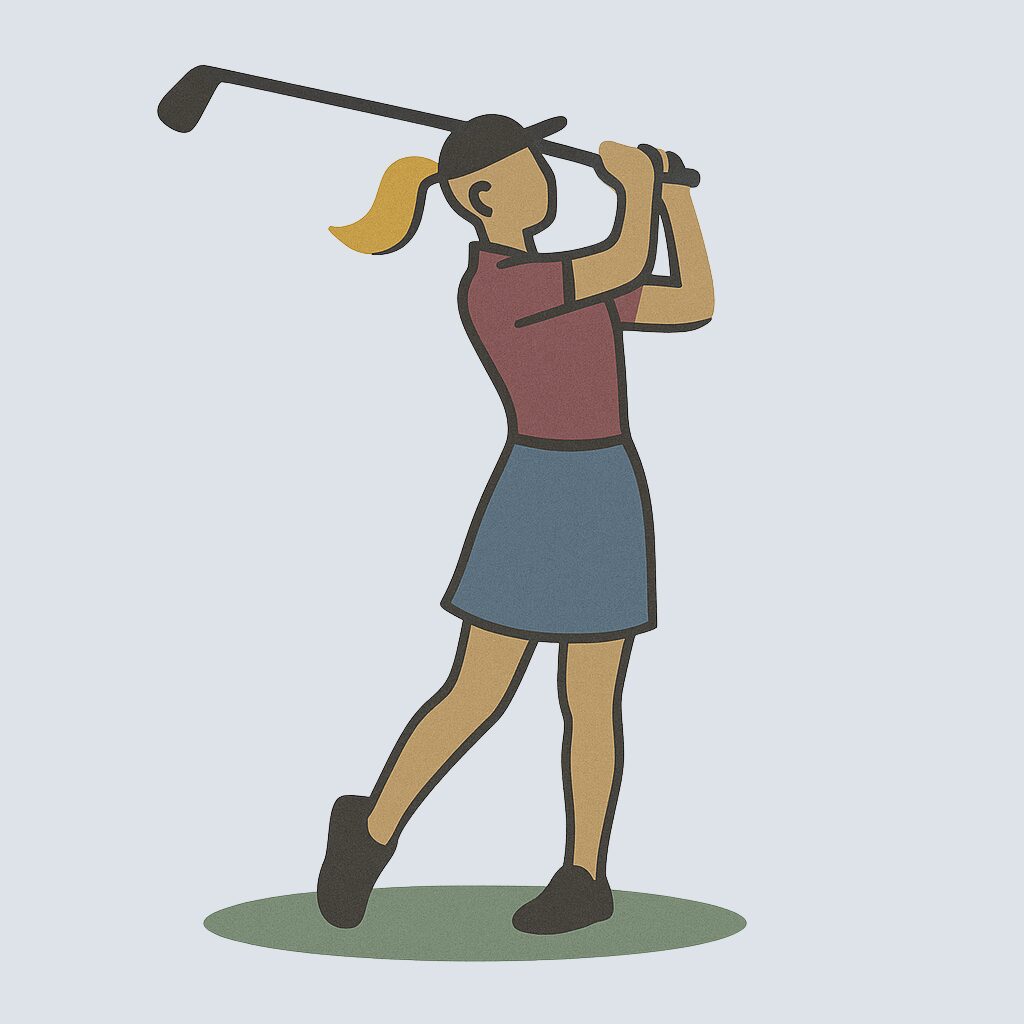 Flat-style digital illustration of a woman golfer in a follow-through position, wearing a cap, polo shirt, and skirt, standing on a putting green.