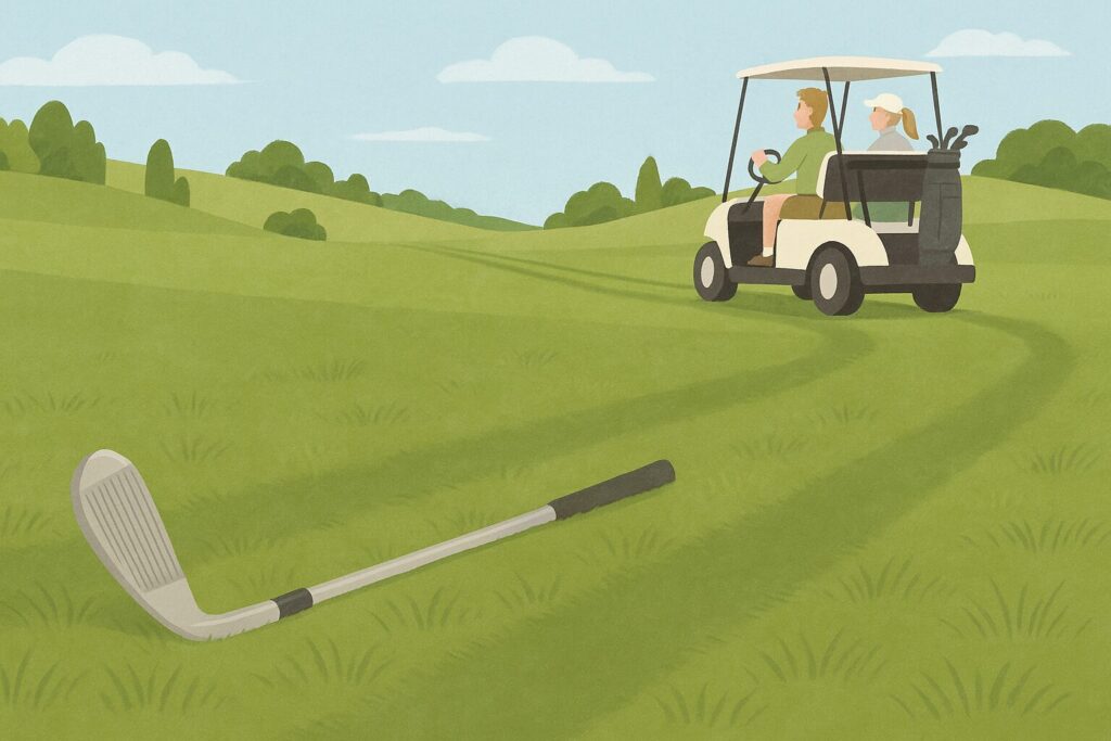 A wedge golf club lies abandoned in the foreground of a softly textured golf course. Two tire tracks curve into the distance where a golf cart drives away, with a man in the driver’s seat and a woman in the passenger seat. The wedge is clearly visible in the grass, left behind. The scene is calm and lightly humorous.