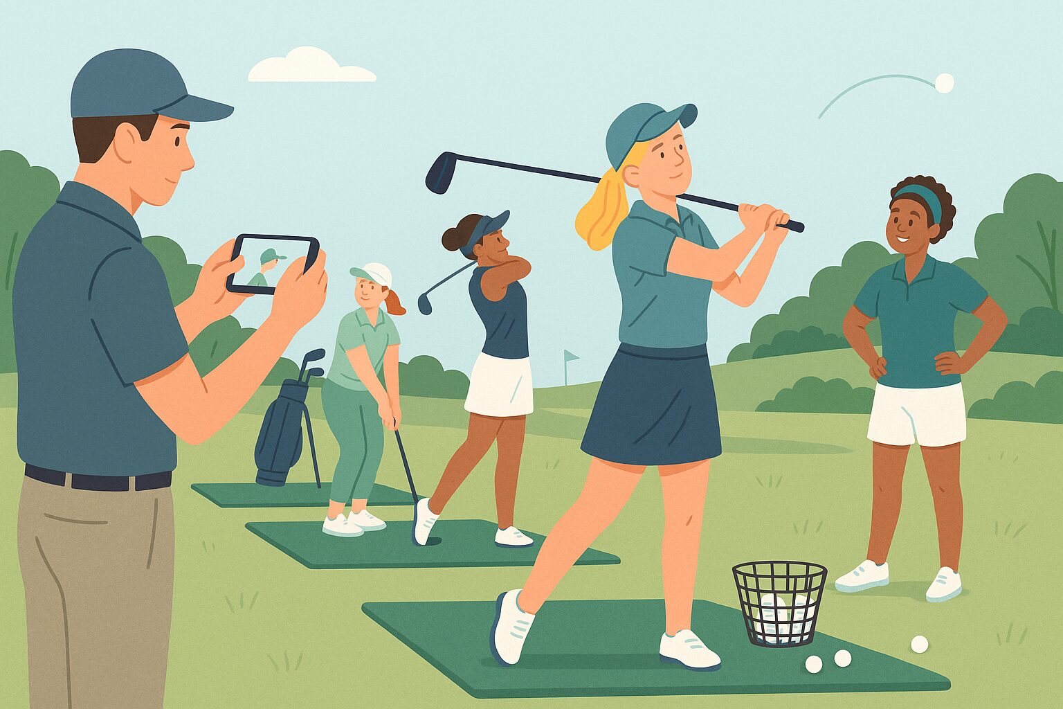 A 2D illustration of four women practicing at a golf clinic on a driving range. One woman with blonde hair is in the foreground just after impact, arms extended with the clubhead out front. A male coach is recording her swing on his phone, while three other women observe or practice nearby on hitting mats. The scene is sunny, with green grass, trees, and a distant flag in the background.