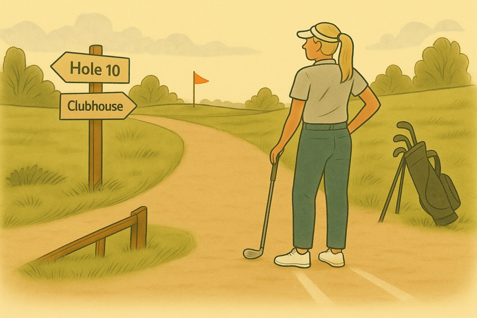 A female golfer stands at a fork in the path on a golf course, deciding between Hole 10 and the clubhouse. She wears a light gray polo, sage green pants, and white shoes, with a golf club in hand. A wooden signpost points left to “Hole 10” and right to “Clubhouse.” A red flag is visible in the distance.