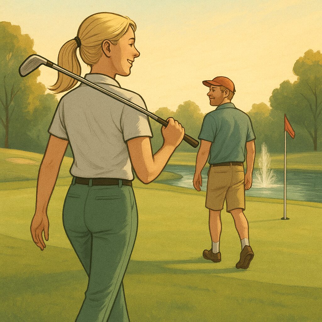 Two golfers stand on the 18th green at sunset, silhouetted against a soft golden sky. One holds a putter while the other watches quietly. Their golf bags rest nearby, and a single flagstick stands in the distance. The mood is calm and reflective, rendered in a warm, textured illustration style.