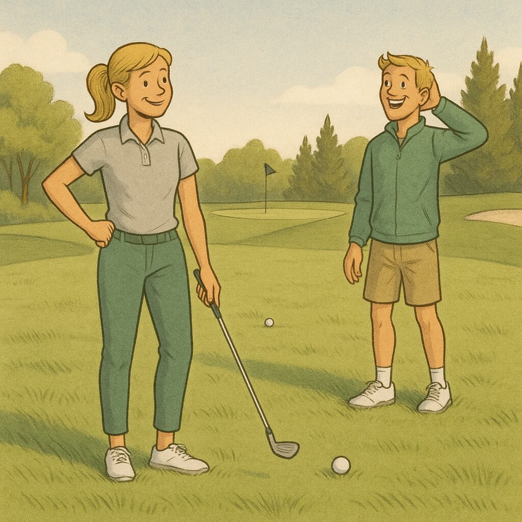 A woman and man stand side-by-side on a tee box, smiling as they watch their drives land in the center of the fairway. The scene is softly lit and hand-drawn, with rolling fairways ahead and trees framing the background. The couple is relaxed and happy, mid-celebration after matching great tee shots.