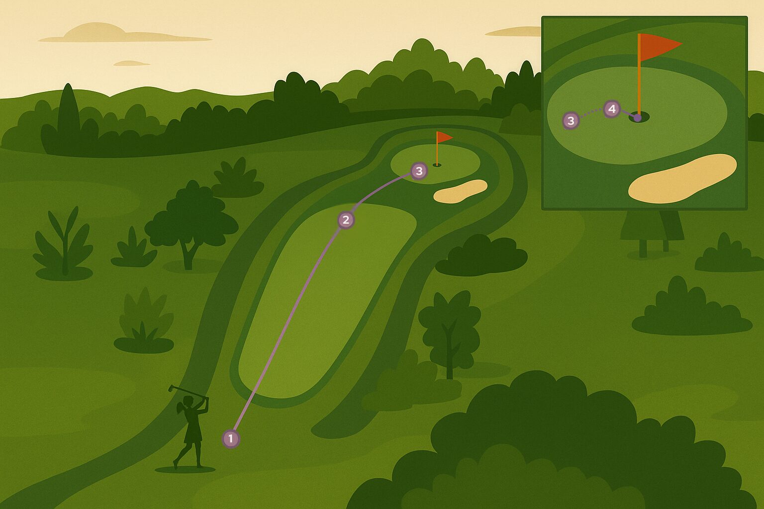 Illustration of Hole 8 at Fox Hills with a 4-shot sequence showing a drive, pitch to the green, and two putts, in a side-angle layout with green detail inset