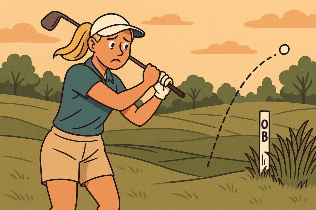 A female golfer winces as she watches her golf ball fly out of bounds, following a curved shot trajectory past an OB stake on a hilly course.