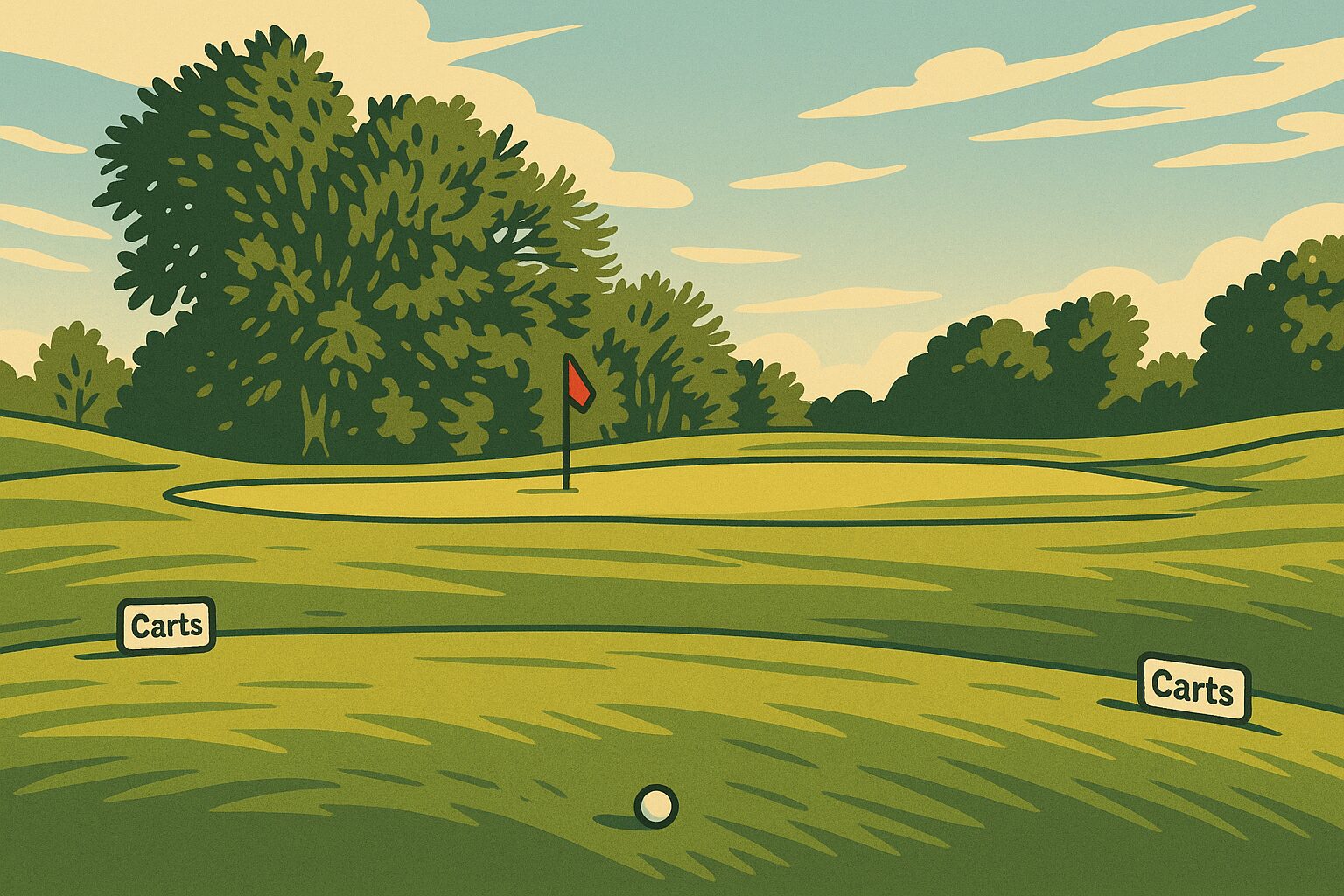Illustration of a golf green with a red flag, flanked by “Carts” signs and framed by trees, seen from the fairway after a well-placed drive.