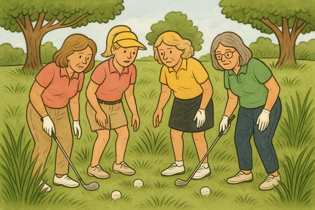 Four women golfers search through thick grass for Callaway golf balls hidden in the rough on a sunny course.