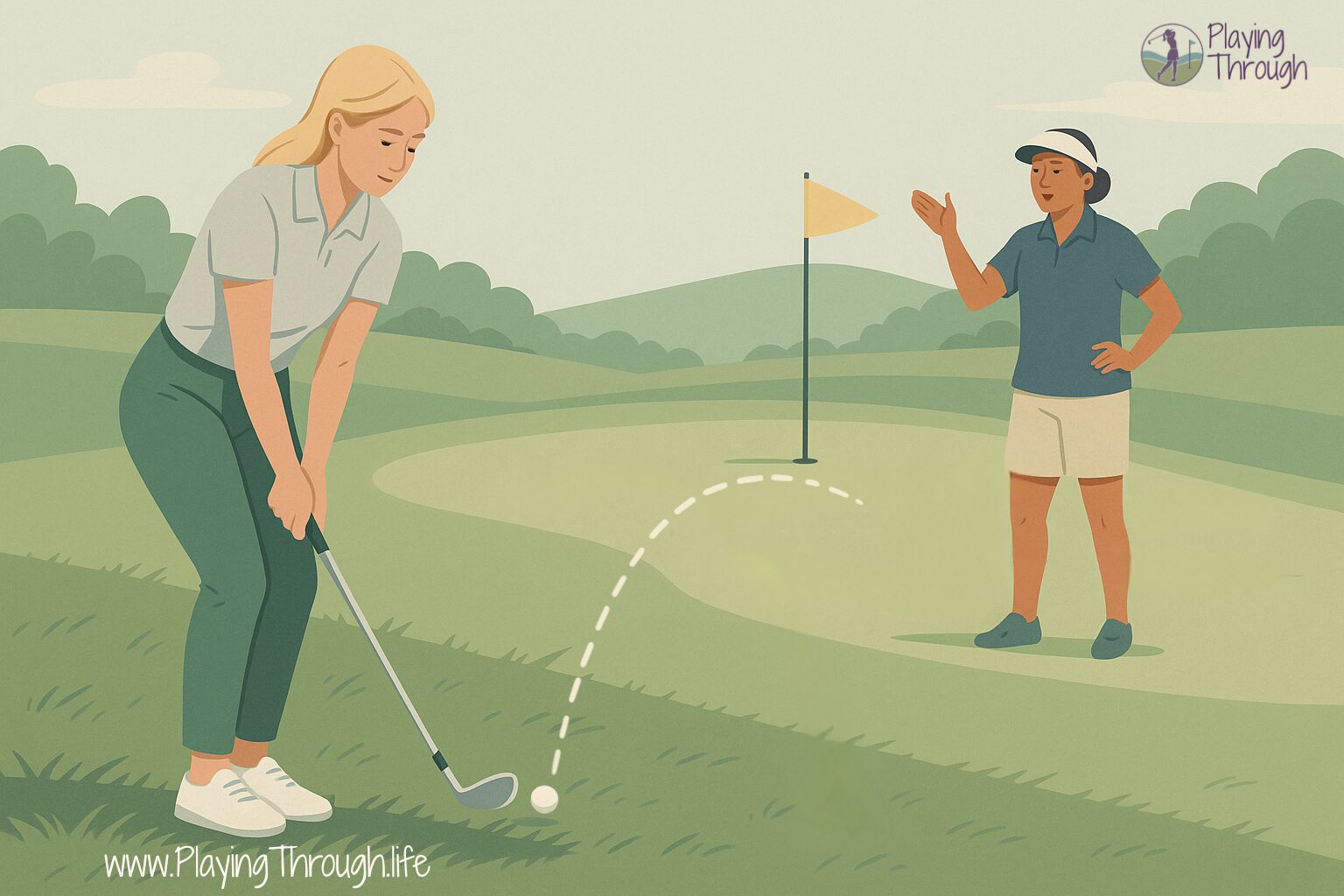 A blonde female golfer chips from the rough toward a sloped green while an older woman in a blue top gestures supportively from the putting surface, pointing out the break in the green.