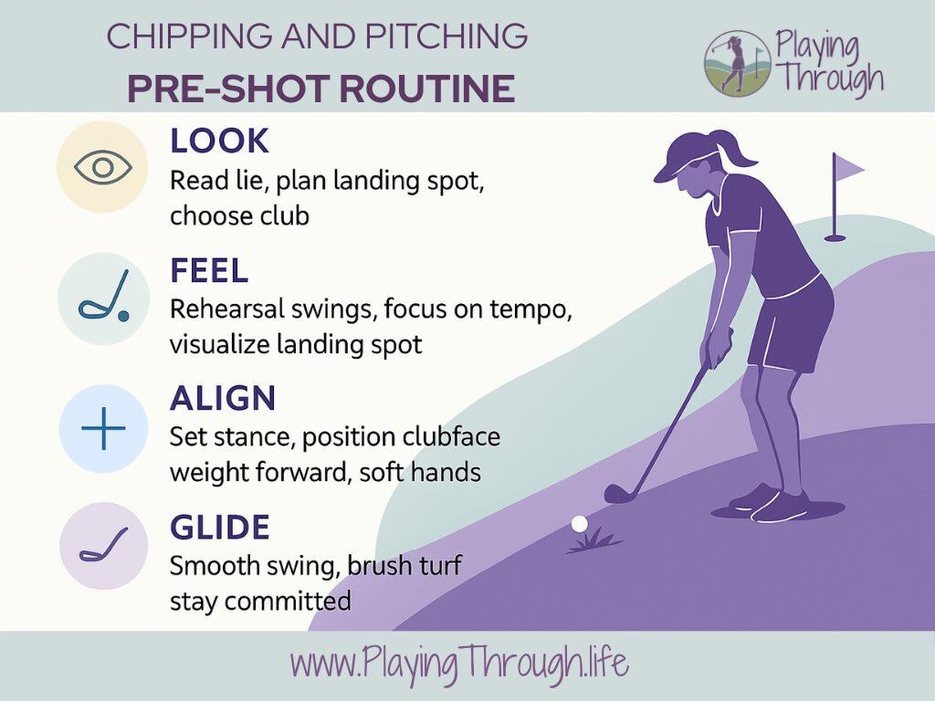 Illustration of a female golfer in a skirt chipping uphill on a purple-green slope, with icons and text describing a four-step pre-shot routine: Look, Feel, Align, Glide.
