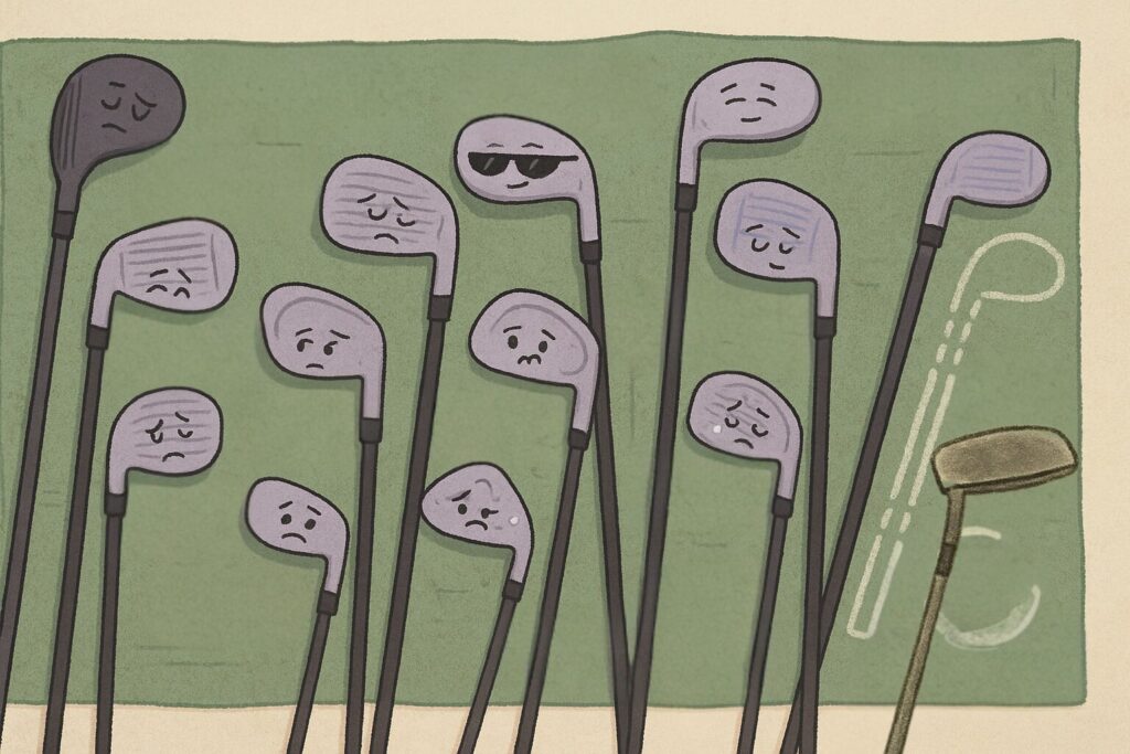 A hand-drawn, top-down illustration shows 13 golf clubs arranged on a sage green towel, with unique facial expressions reflecting their personalities. The clubs vary from anxious to smug, with a chalk outline where the missing 60-degree wedge should be. The grips extend off the edge of the frame, and the putter has a distinctive blade shape. The style is textured and whimsical.