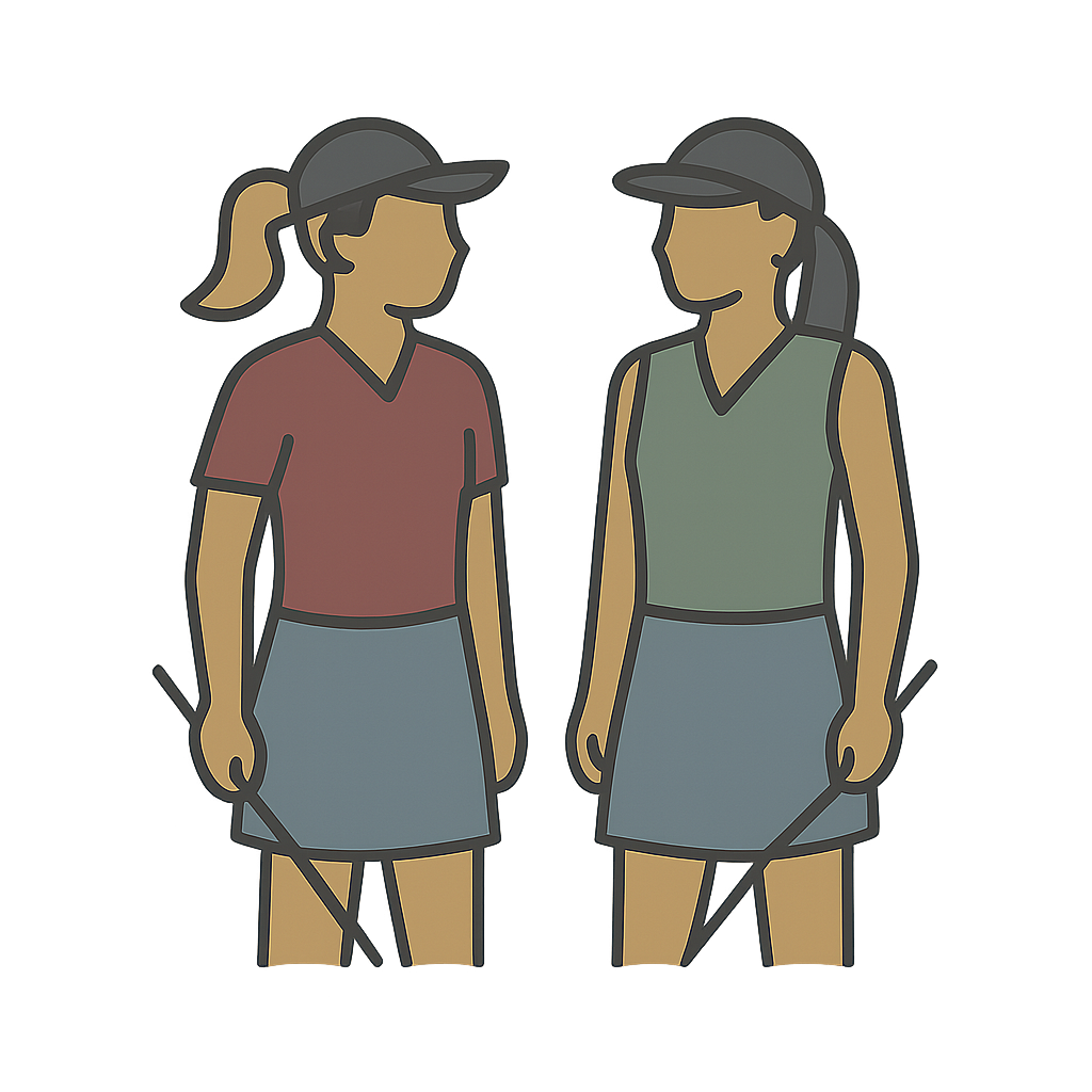Minimalist icon of two female golfers standing side by side with clubs, representing connection and shared golf experiences
