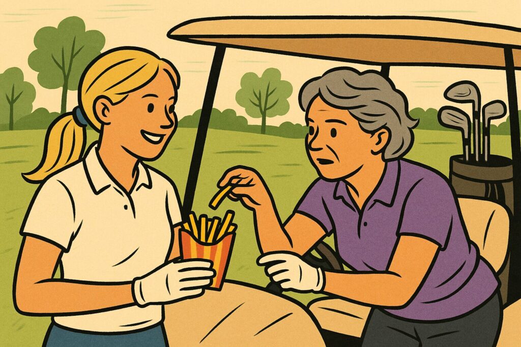 Two women golfers share a moment by a golf cart as one offers a container of fries and the other reaches in with a smile.