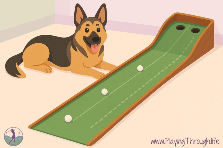 Overhead illustration of a home putting mat with dotted alignment lines, chalk markers, and a German shepherd lying nearby