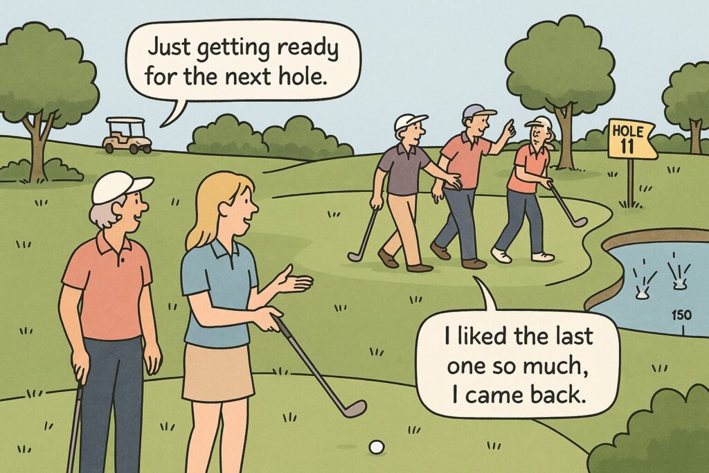 Two golfers observe from the tee box as three others walk confidently down the wrong fairway toward a “Hole 11” sign, joking about their direction with speech bubbles.