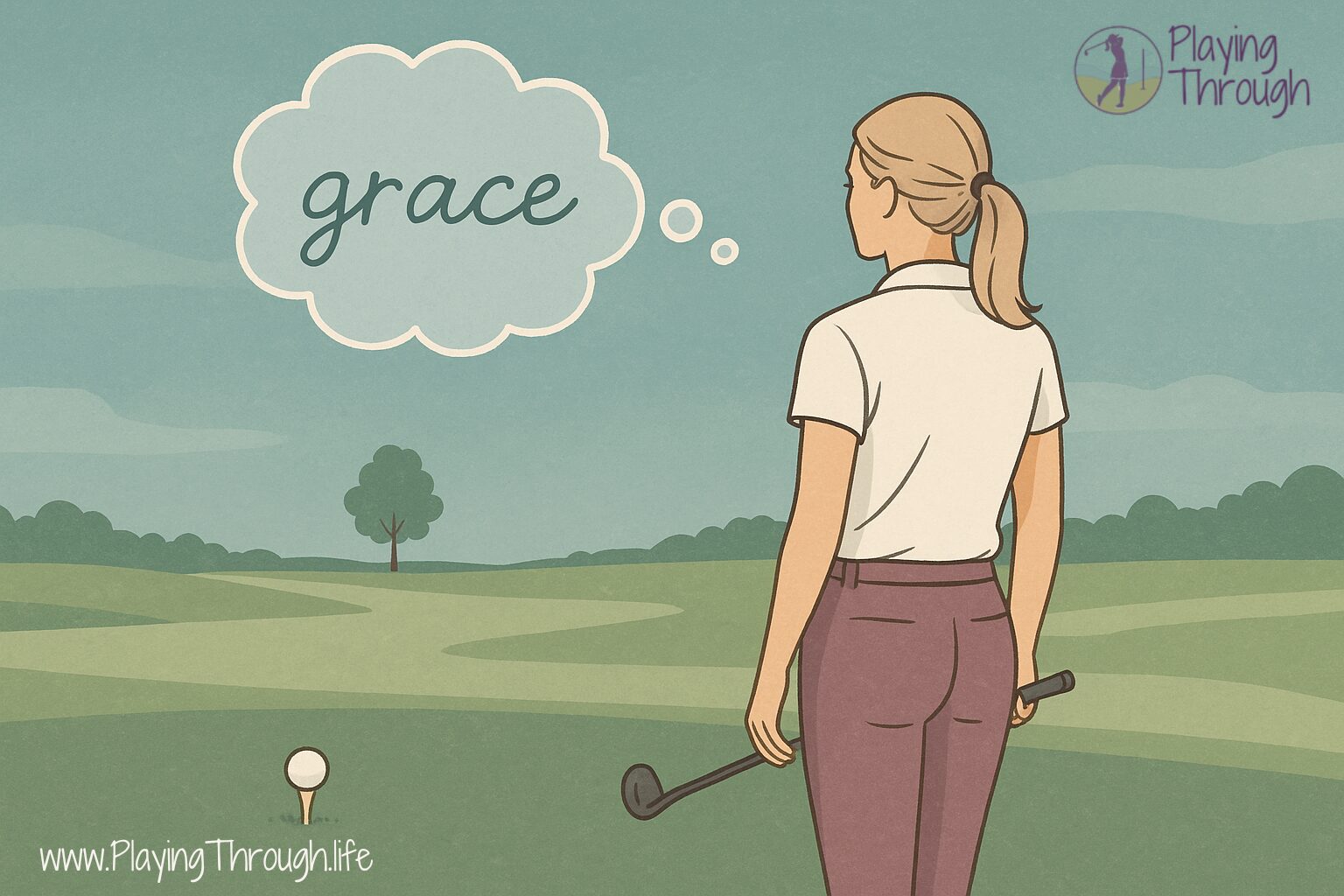 A female golfer stands calmly behind a teed ball, club in hand, gazing down the fairway. Above her, a soft thought bubble contains the lowercase word “grace.” The scene is peaceful and focused, capturing the moment before motion.