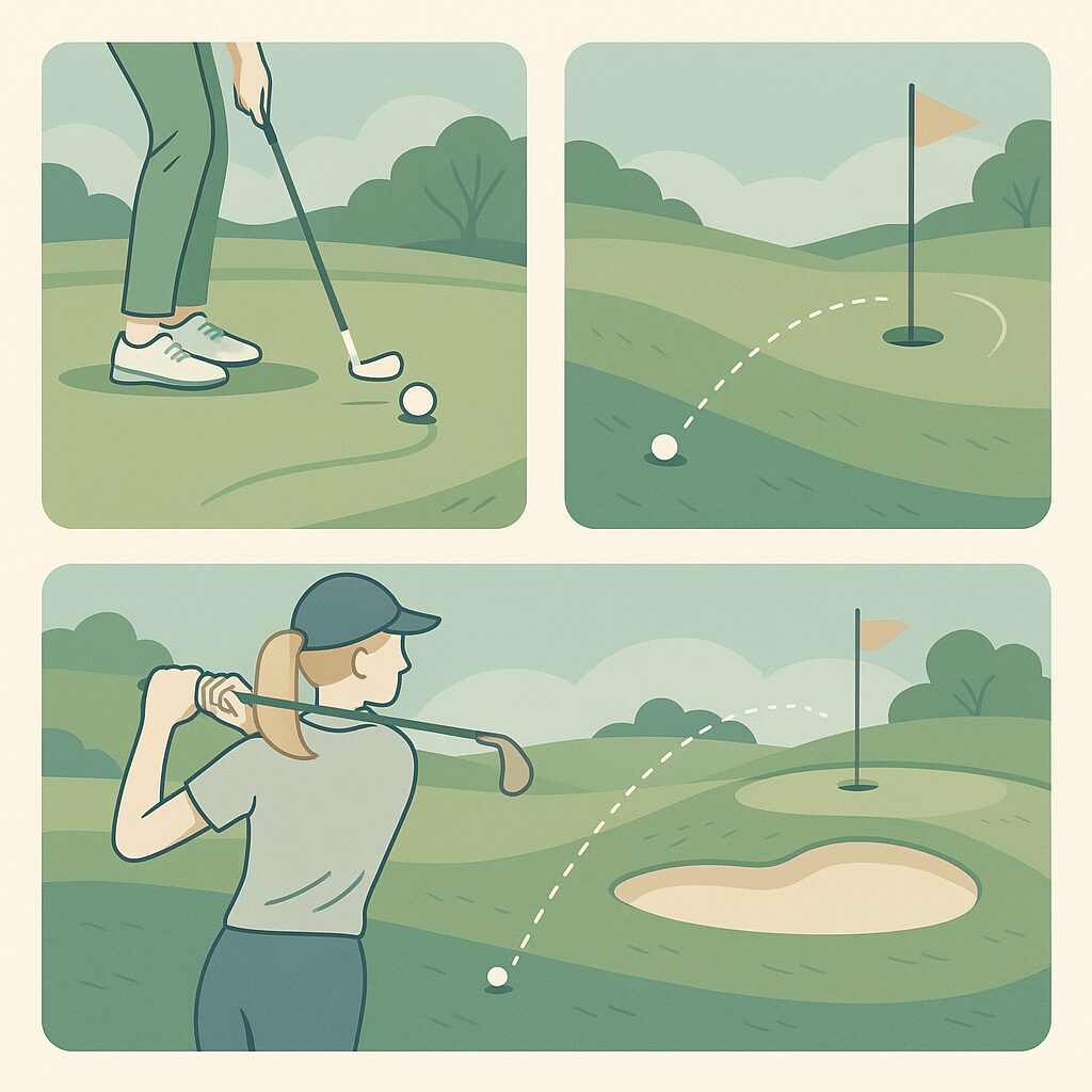 A digital illustration of three golf highlights from a round: a close-up putt, a chip shot with visible slope, and a drive arcing toward a green guarded by sand.