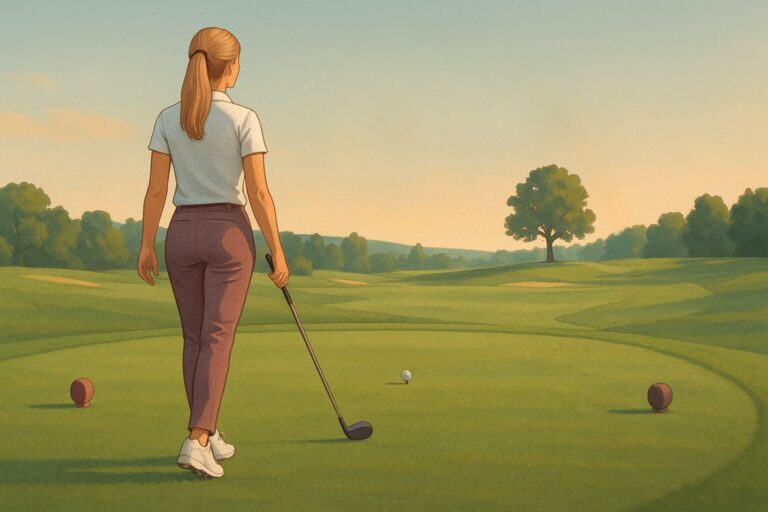 A female golfer stands calmly behind her teed ball with a club in hand, gazing down the fairway. The scene is serene and softly lit, capturing a pre-swing moment of focus.