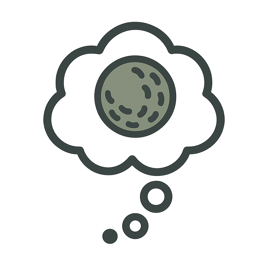 Icon of a thought bubble containing a golf ball, representing reflection, swing thoughts, and learning through writing
