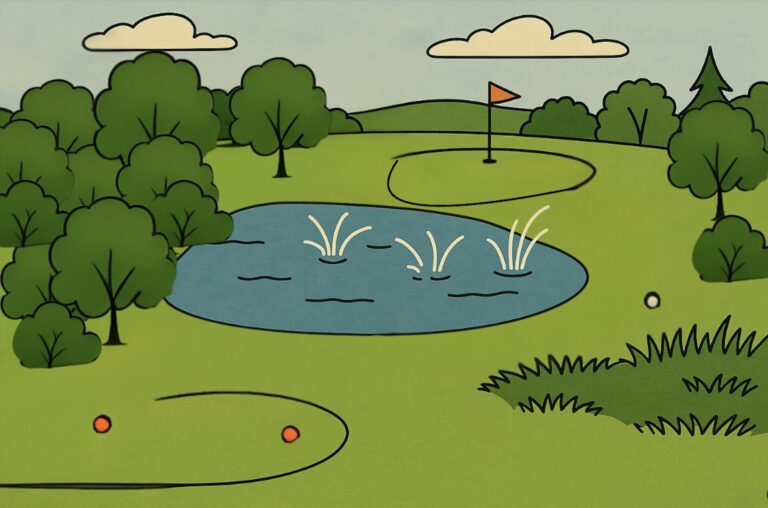 A golf hole with a pond guarding the right side of the green, three splash marks in the water, and one golf ball safely placed on the short fairway to the left.