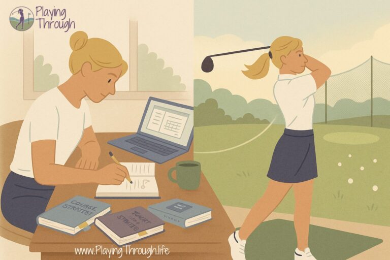 Split illustration showing a blonde woman golfer journaling her golf notes on the left side, and practicing a full swing on the driving range on the right side. She wears a white polo and navy skirt in both scenes, symbolizing reflection and execution.