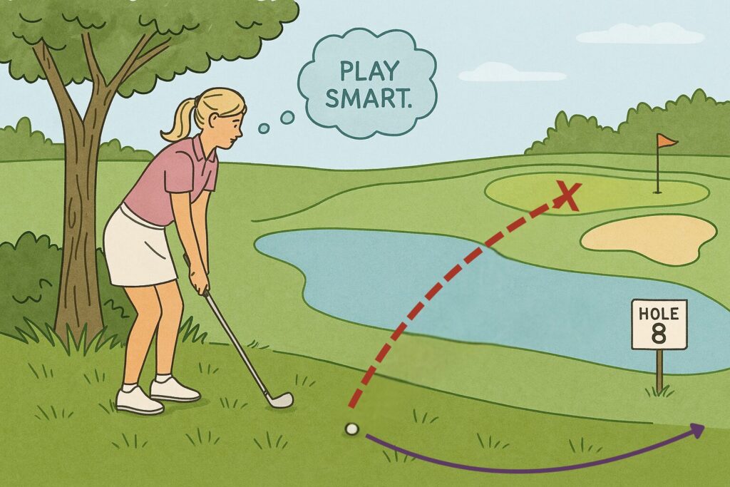 A woman golfer stands under a tree, preparing to chip sideways onto the fairway instead of risking a shot over water to a green guarded by a bunker, with a “Hole 8” sign nearby.