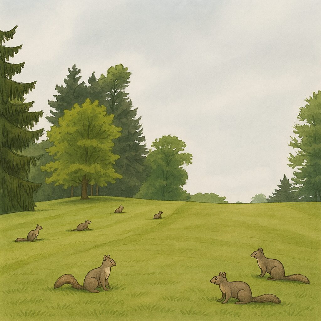 A digital illustration of six squirrels gathered near a golf tee box, watching a round unfold on a quiet course. The animals sit in the rough beside the teeing area, their attention focused forward, as if observing the golfer's swing.