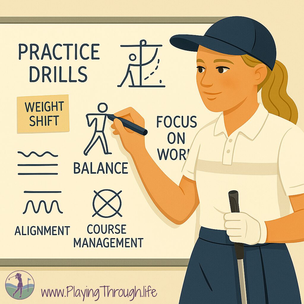 A blonde woman golfer in a white polo and navy skirt writes on a whiteboard filled with golf practice notes. Headings like “Practice Drills,” “Weight Shift,” “Course Management,” and “Alignment” are visible alongside simple illustrations and strategy prompts. She holds a marker and a golf club.