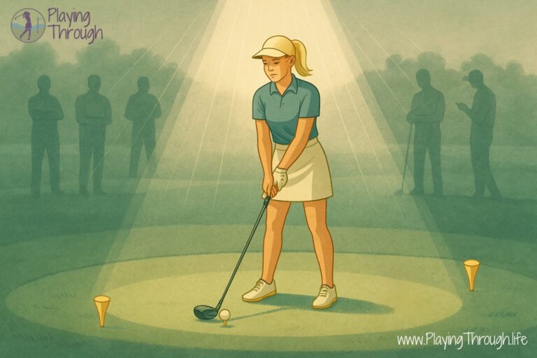 A blonde female golfer stands alone on a golf course tee box, bathed in a soft golden spotlight. Three ghosted male figures in the background suggest the feeling of being observed. Her stance is focused yet nervous, capturing the moment many women experience when playing from a different tee box or feeling out of place on the course.