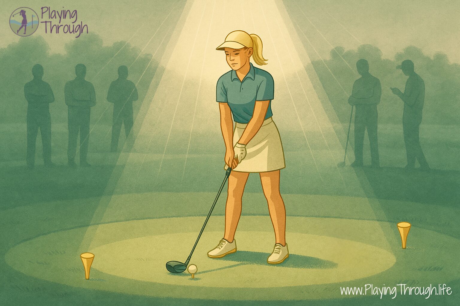 A blonde female golfer stands alone on a golf course tee box, bathed in a soft golden spotlight. Three ghosted male figures in the background suggest the feeling of being observed. Her stance is focused yet nervous, capturing the moment many women experience when playing from a different tee box or feeling out of place on the course.