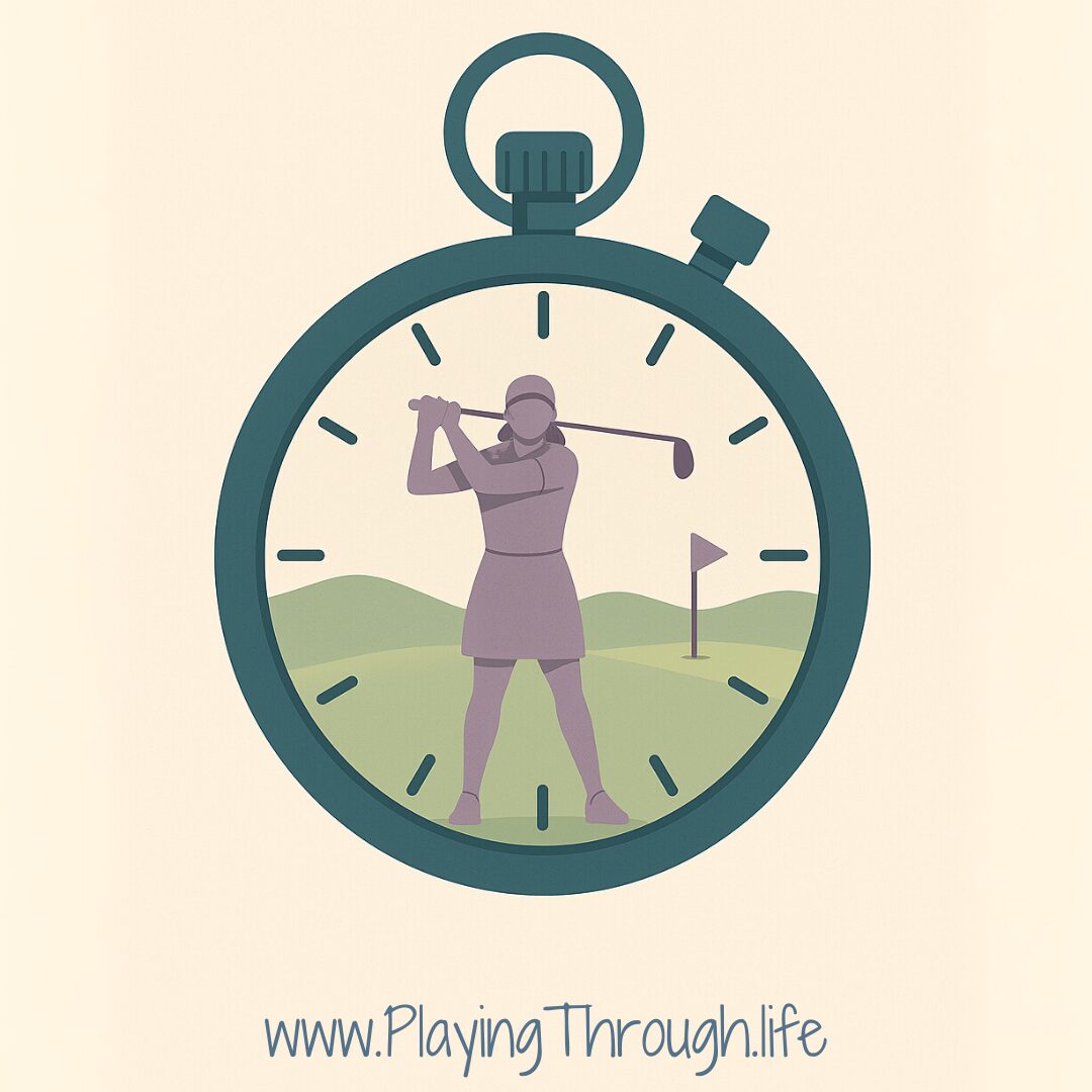 Illustration of a female golfer viewed from the front, mid-swing inside the face of a classic analog stopwatch. Set against a backdrop of soft rolling hills and a golf flag, the image highlights the theme of tempo and timing in golf.