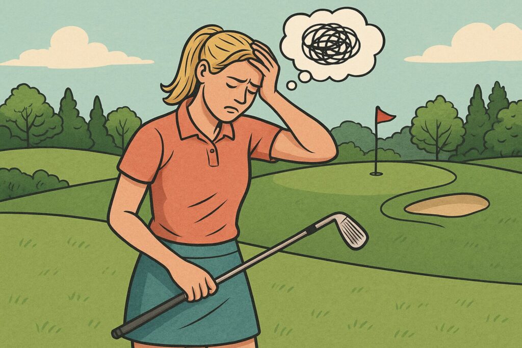 A frustrated golfer stands near the green holding her head in one hand and her wedge in the other, with a scribbled thought bubble above her.