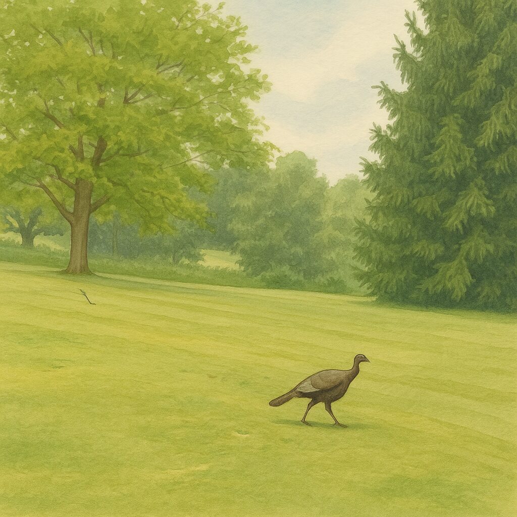 A digital watercolor-style illustration of a wild turkey crossing a fairway on a lush golf course. The turkey walks confidently between large trees on a sunny, overcast morning.