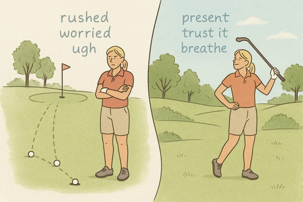 A split-panel illustration of a woman golfer transitioning from frustrated with missed putts on the green to calm and confident on the fairway mid-swing.