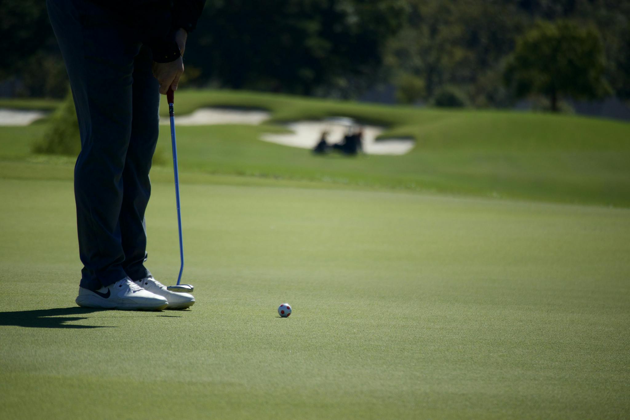 Unrecognizable golfer puts on a lush green course under clear skies.