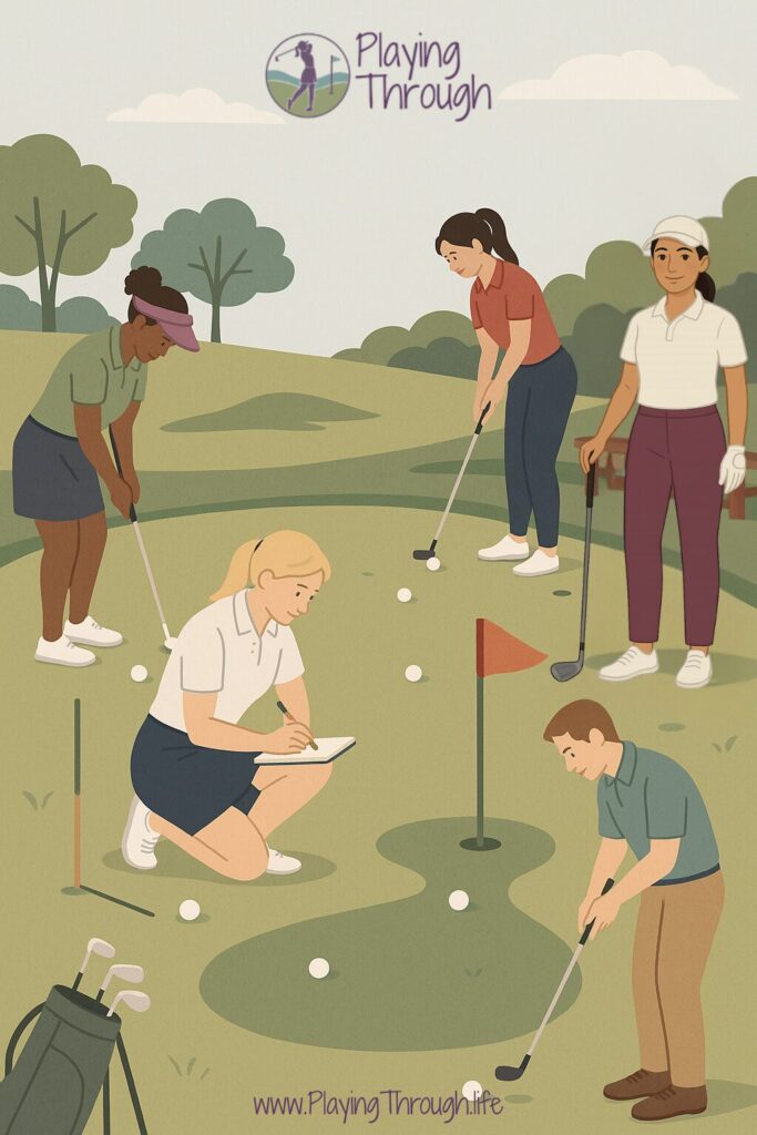Five golfers practice together on a putting green. One golfer is kneeling and journaling, others are chipping, putting, or observing. Each is engaged in a different part of their practice routine, surrounded by rolling hills and soft skies.