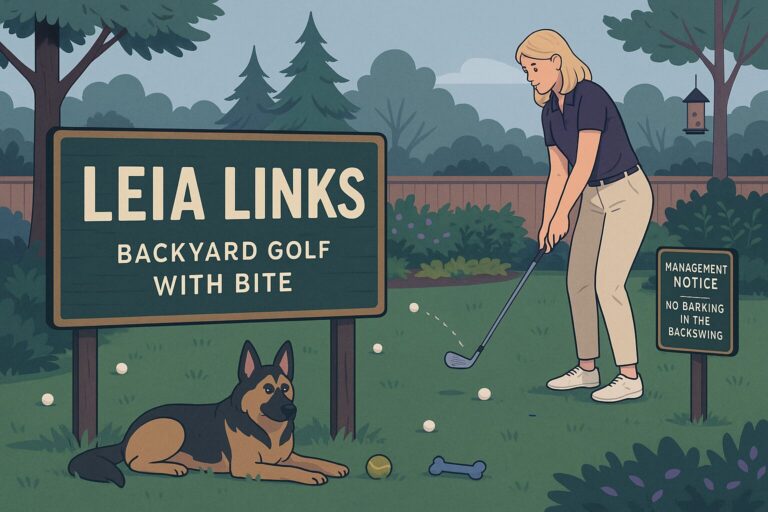 Woman chipping golf balls in a backyard while a German Shepherd lounges nearby.