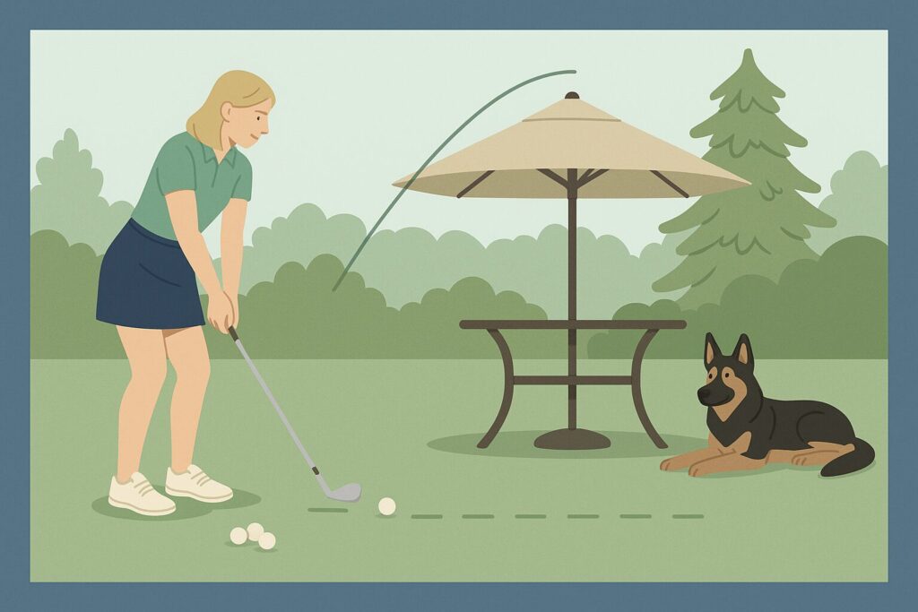 Backyard wedge practice with shots going over an umbrella, under a patio table, and through the gap between them.