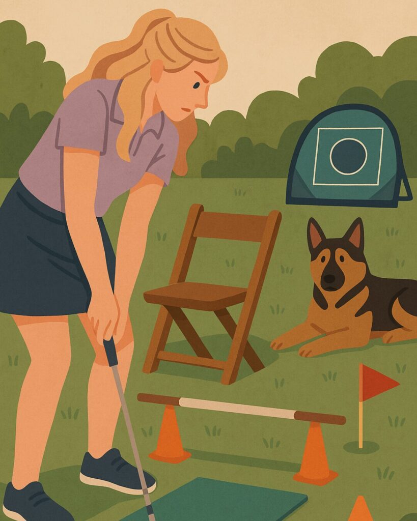 Golfer practicing wedge shots around backyard obstacles