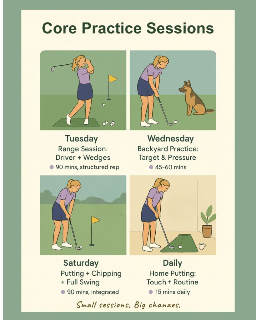 Infographic of four practice types: long game, short game, trouble shots, and course simulation
