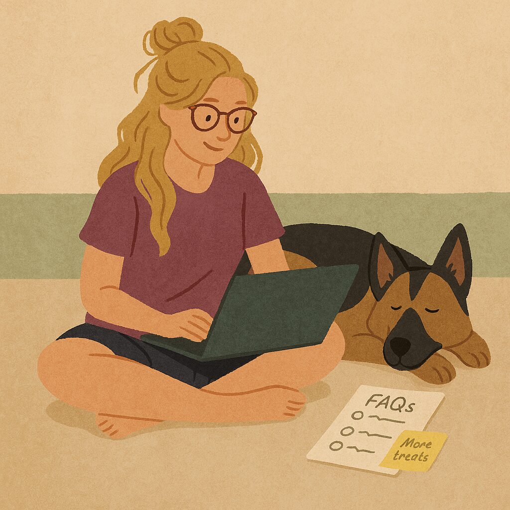 Woman with blonde hair in a messy bun sits cross-legged on the floor using a laptop, while a German Shepherd lies beside her and a notebook marked “FAQs” rests nearby.