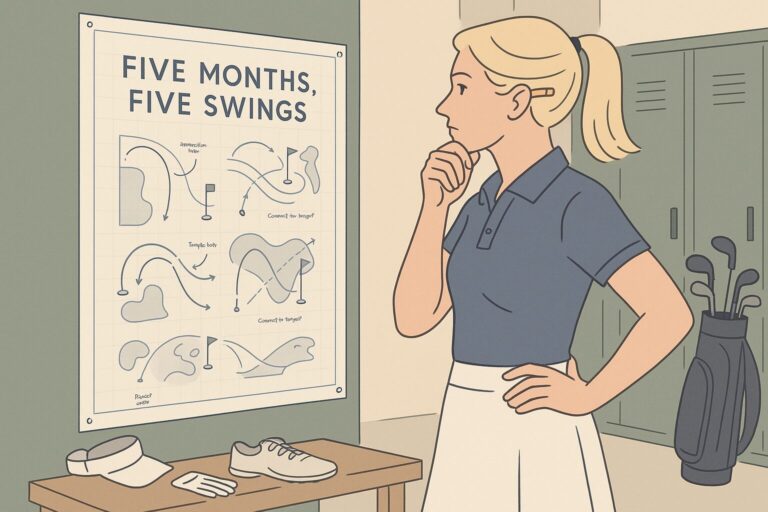 A digital illustration of a young woman golfer standing in a locker room, studying a wall-sized blueprint titled “Five Months, Five Swings.” She wears a ponytail, golf skirt, and performance polo, with one hand on her chin and the other on her hip, deep in thought. Golf accessories like a visor, glove, shoes, and bag sit nearby. The blueprint shows a structured practice plan pinned to the wall.