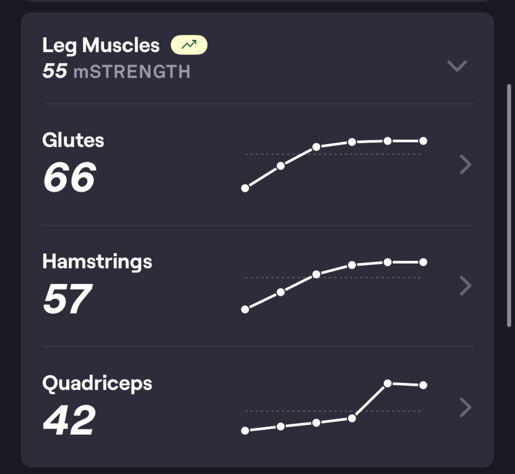 Stylized dashboard graphics showing Fitbod strength scores and trends across push, pull, and leg muscle groups for June 2025.
