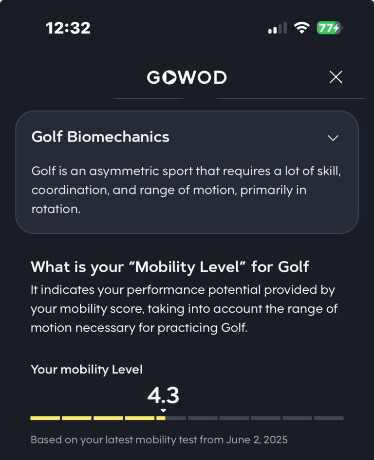 GOWOD golf biomechanics screen showing mobility level score of 4.3