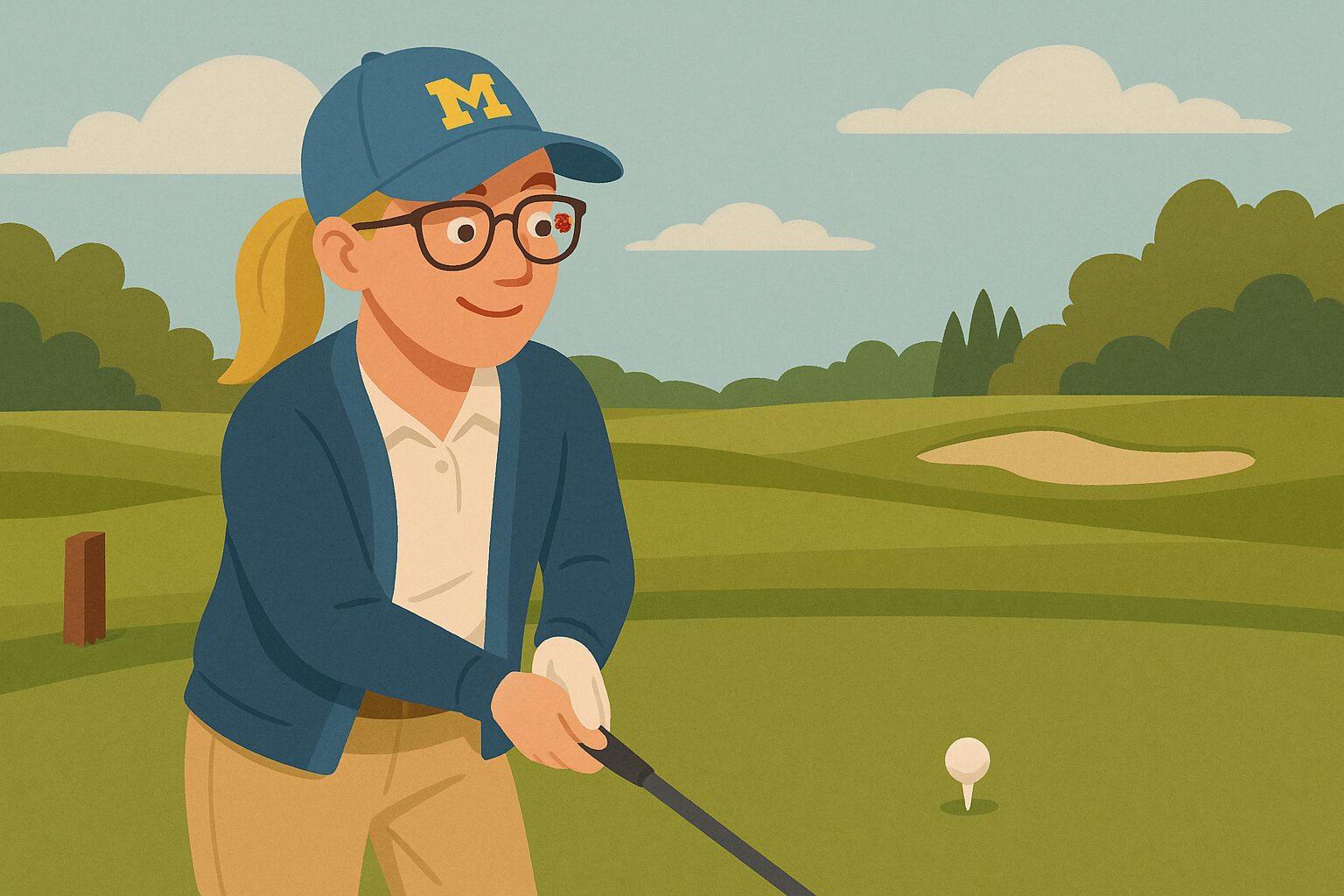Julie stands on the tee box in a pre-shot stance with a slight smirk as a ladybug lands on her glasses; the golf ball is teed up between her feet.