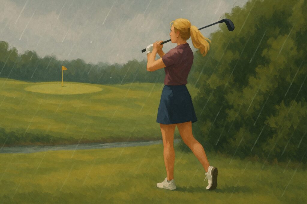 Flat digital illustration of a blonde golfer watching her hybrid shot veer toward shrubs beyond a creek on a rainy fairway.