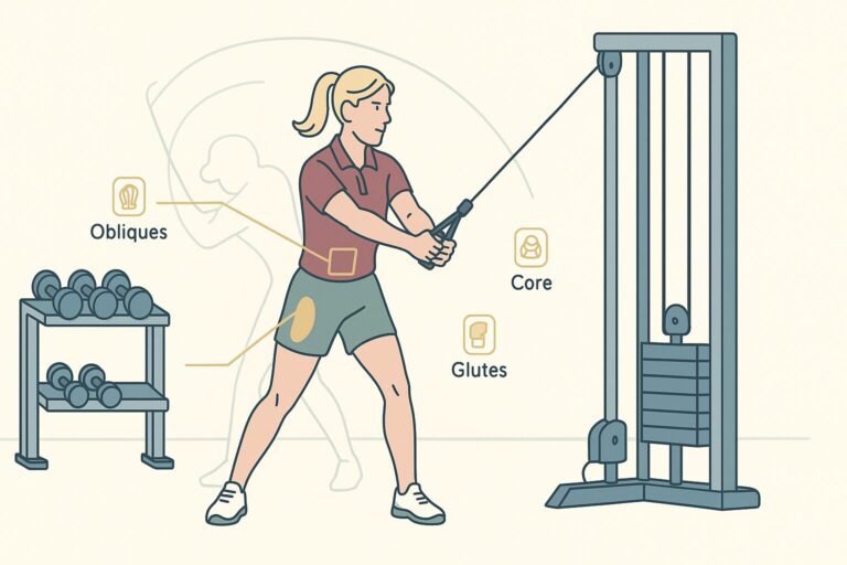 Illustration of a woman performing a wood chop cable rotation in a gym, with muscle callouts showing core, obliques, and glutes—highlighting their role in rotational golf strength.