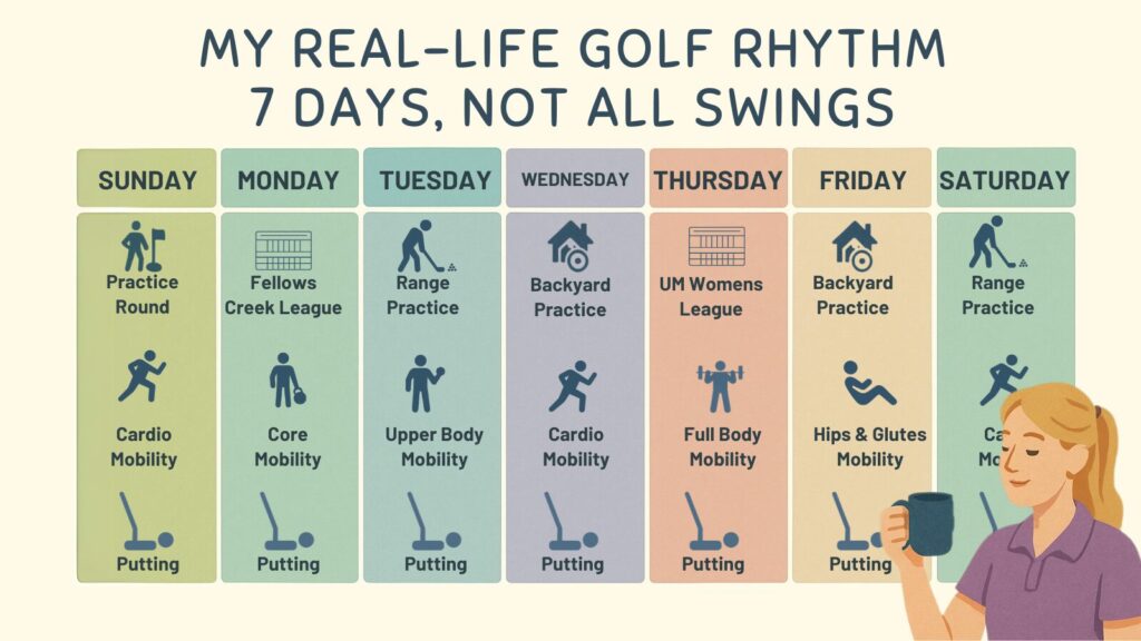 Infographic visualizing a weekly golf schedule with practice and play days labeled.