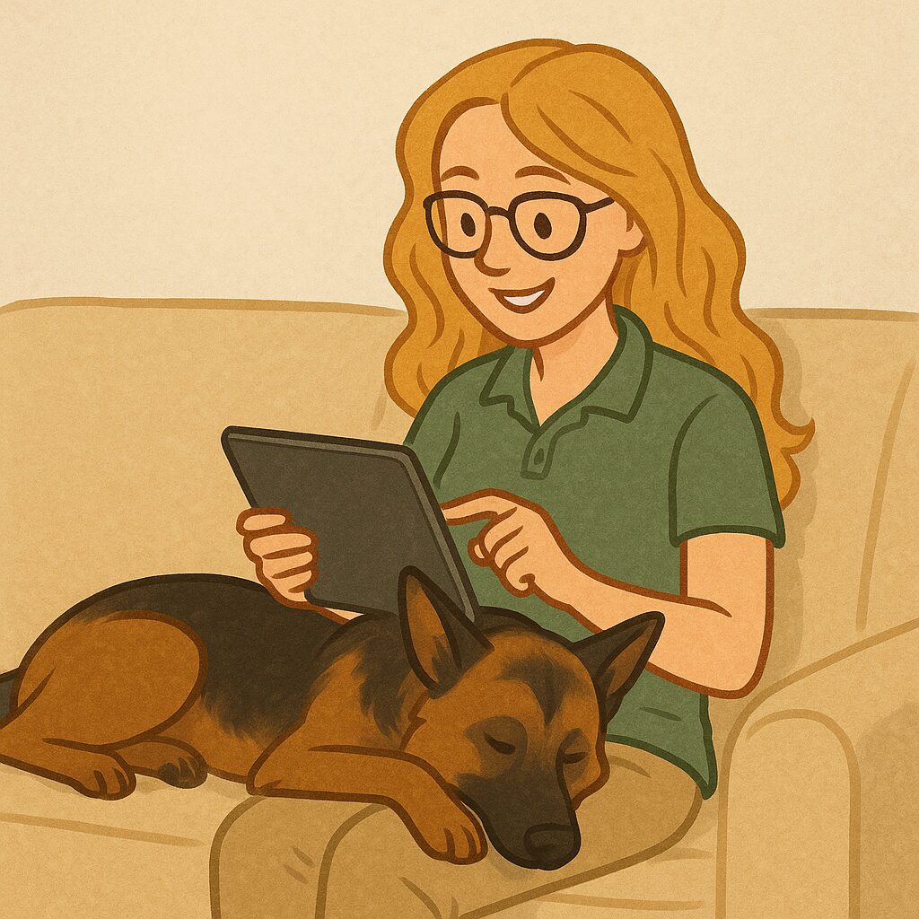 Woman with long blonde hair and glasses sits on a beige couch using a tablet, while her German Shepherd rests beside her.