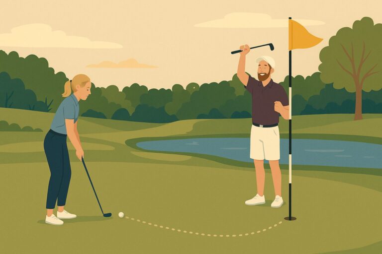 A flat-style illustration of a woman golfer putting from 20 feet on a green beside a lake. A male golfer in white shorts and a purple polo raises his putter in celebration near the flagstick.