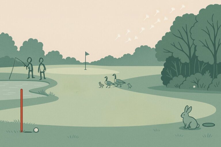 Illustrated golf course with red hazard stake, geese, goslings, kids fishing, trees, rabbit, and golf ball in rough